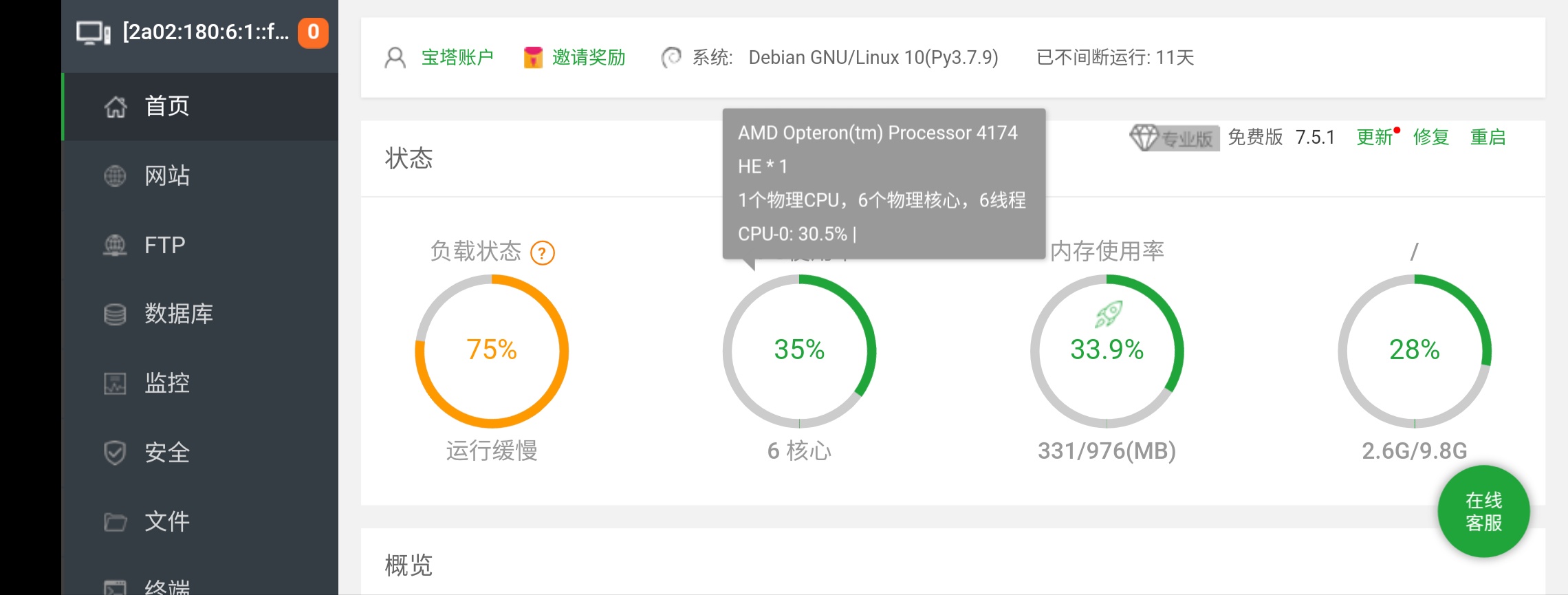 装了宝塔的德鸡 euserv  居然是AMD版